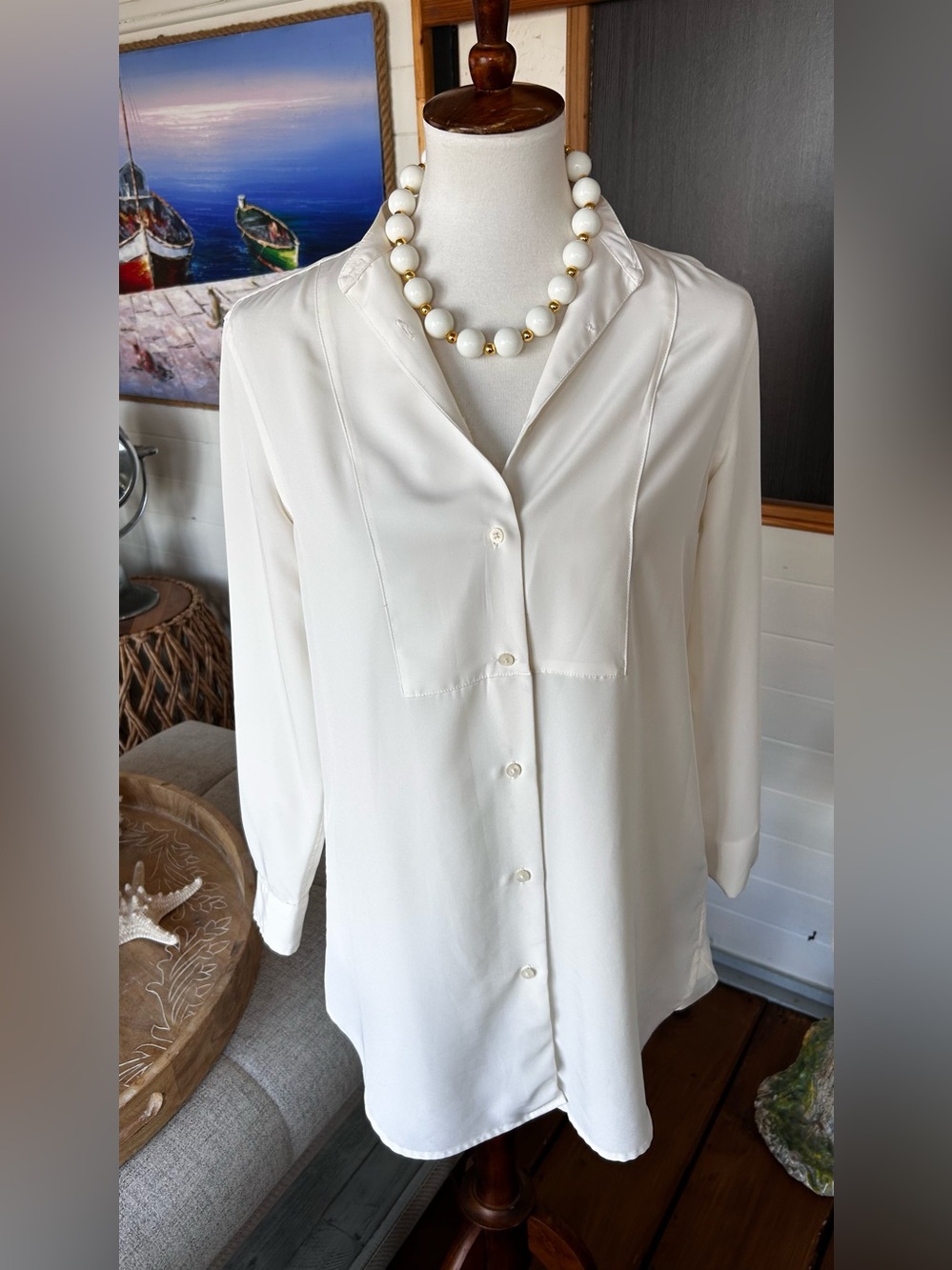 Lauren Ralph Lauren Ivory Satin Bib Front Button Down Blouse Size S